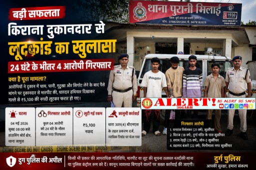  किराना दुकानदार से लूटकांड का 24 घंटे में खुलासा, 4 आरोपी गिरफ्तार – पुरानी भिलाई पुलिस की ताबड़तोड़ कार्रवाई