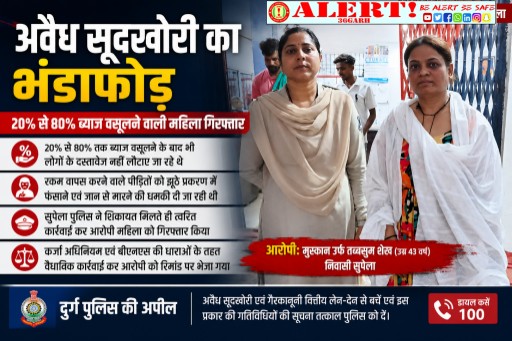  भिलाई में अवैध सूदखोरी का बड़ा खुलासा: 80% तक ब्याज वसूलने वाली महिला गिरफ्तार, लोगों को देती थी जान से मारने की धमकी