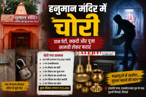  हनुमान मंदिर में चोरी से श्रद्धालुओं में आक्रोश, दान पेटी समेत नकदी और पीतल के पूजा पात्र ले उड़े चोर