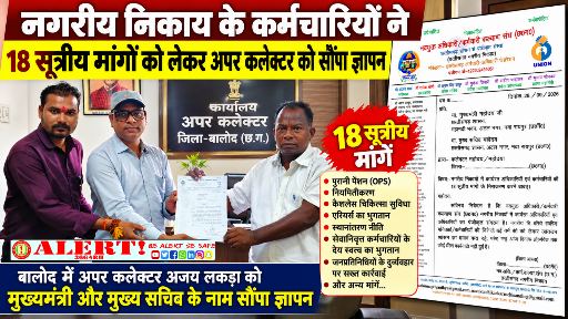  नगरीय निकाय के कर्मचारियों ने 18 सूत्रीय मांगों को लेकर अपर कलेक्टर को सौंपा ज्ञापन